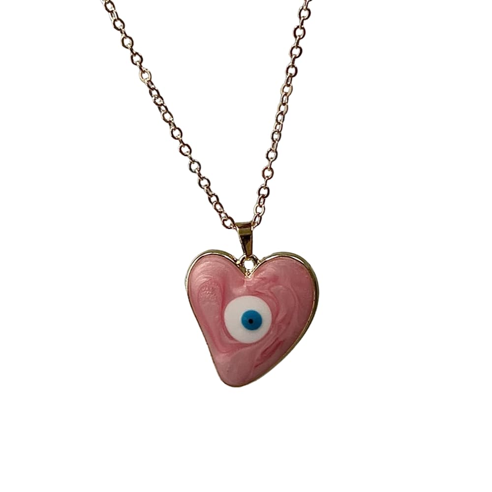 VIE Evil Eye Pendant With Gold Chain, Heart, Pink