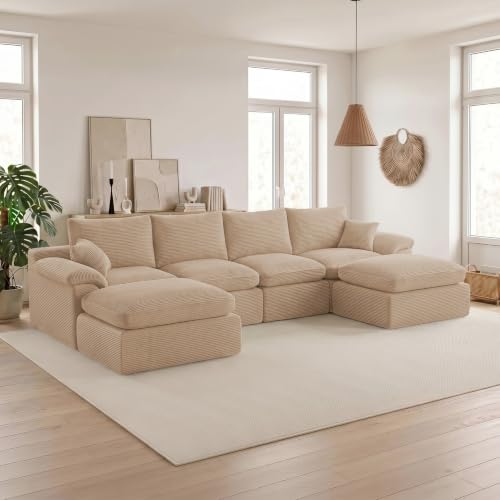 Image of 133 inch Cloud Sectional Couch, Boneless Couches for Living Room, Camel | U shaped, Modular Sectional Sofa with Deep Seat & Convertible Ottoman, Built for Family Life, Apartments & Living Rooms