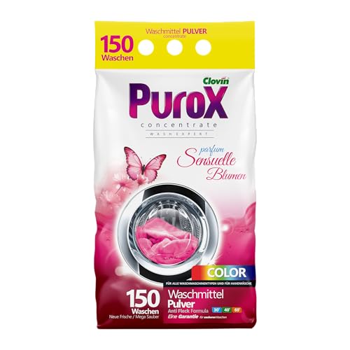 Purox Color Lessive en poudre en sachet aluminium, 150 lavages, lessive puissante, antitaches, formule antitaches, fleurs sensuelles, 10,5 kg