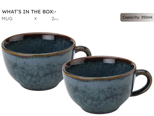 Image of Bodhi House Ceramic Soup and Coffee Wide Large Mug with Handle - Set of 2, 350 Ml Glossy Finish | Microwave Safe | for Maggi, Cappuccino, Latte, Green Tea - Reactive Blue