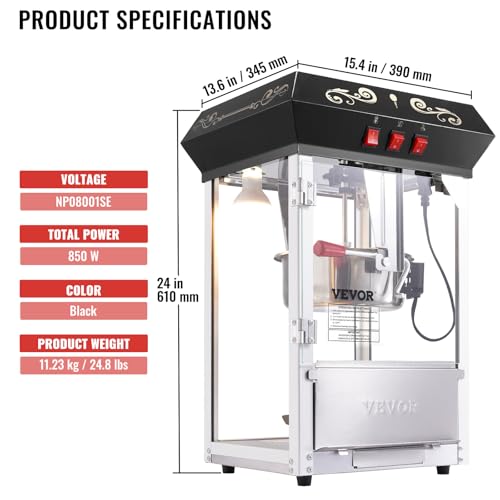 VEVOR Popcorn Maker, 850W Popcorn Popper Machine, 8 Oz Kettle Makes 48 Cups per Batch, Countertop Popcorn Maker with Tempered Glass, Includes 4 Scoops, Movie Theater Style, Black
