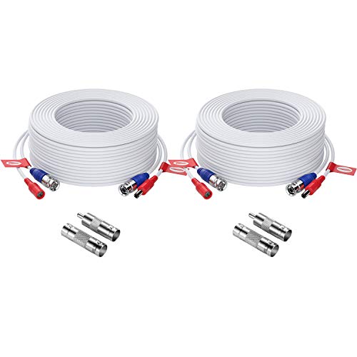 ZOSI 2 Pack 100ft (30 Meters) 2-in-1 Video Power Cable, BNC Extension Surveillance Camera Cables for Video Security Systems (Included 2X BNC Connectors and 2X RCA Adapters)-White Color