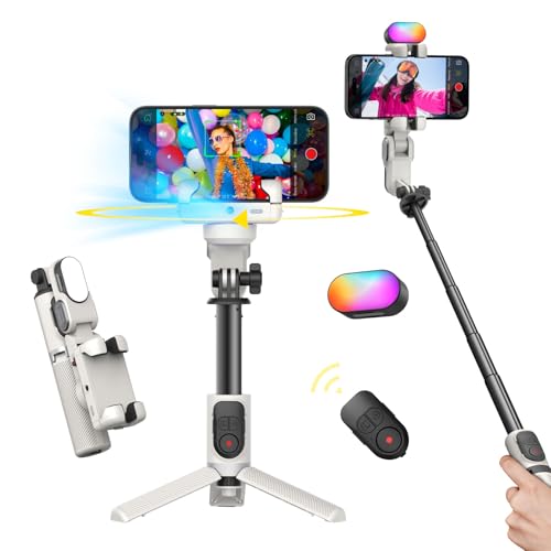 AOCHUAN Stabilisateur à Cardan pour Smartphone, Perche Selfie avec Trépied et Suivi Automatique du Visage pour TikTok YouTube Vlog, Gimbal 4 en 1 Rotation 360° Compatible iPhone/Android - M1 Pro Blanc