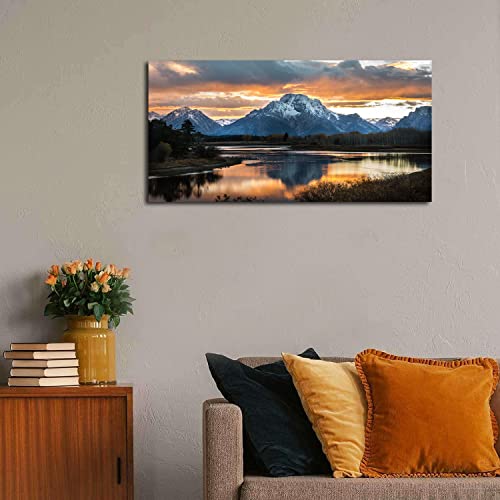 Aiyisu Sunset Mountain Wall Art For Living Room Nature Grand Teton Landscape Canvas Wall Decor National Park Posters Oxbow Bend Snake River Scenery Wyoming Painting Artwork Office Home Decoration 20X40 Inch thumb #5