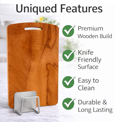 Image of Wooden Chopping Board with Steel Holder for Kitchen (33 X 23 Cm-Durable & Easy to Clean) Premium Solid Wood Cutting Board, Knife Friendly Multipurpose for Vegetable, Meat, Bread & Fruits