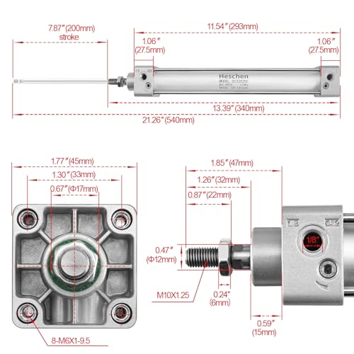 Vérin pneumatique anti fuite double effet course 200mm Heschen