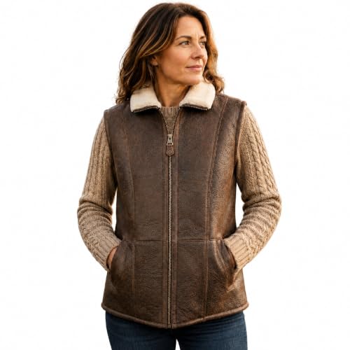Image of SNUGRUGS Women's Full Sheepskin Zipped Aviator Finish Gilet, Chocolate, UK16