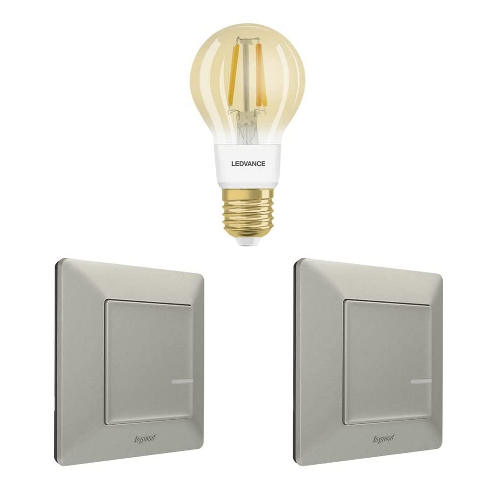 Legrand, Smart Light Extension Kit, sterowanie głosowe (Alexa, Google, Apple), inteligentna żarówka o zmiennym natężeniu, 2 przełączniki bezprzewodowe, żarówka vintage, przełącznik aluminiowy, 199323