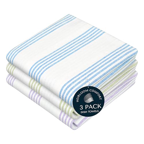 HEIRLOOM COMFORT Multi Colors Kitchen Towels 3 Pack, 100% Cotton, Pin Striped Towel Set, Super Absorbent & Durable Dishcloths, Quick Drying for Drying Dishes - Turquiose Blue, Green, Lavender