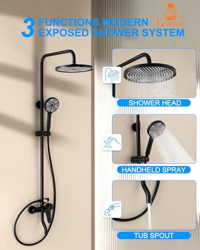 Kit de ducha exterior con sistema de ducha expuesto, válvula de latón con termómetro de dial, cabezal de ducha tipo lluvia de 10'' y combinación de ducha de mano - Negro para montaje en pared miniatura 2