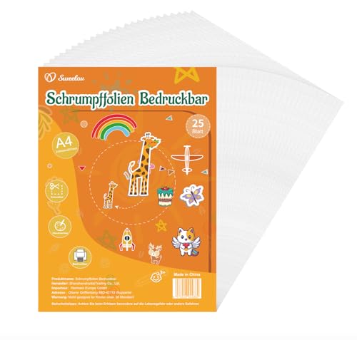 Sweelov 25 Stück Schrumpffolien Bedruckbar a4 -Transparent schrumpffolienplatten - Matt Schrumpfende Plastikfolie zum basteln Deko Folie für Handwerk