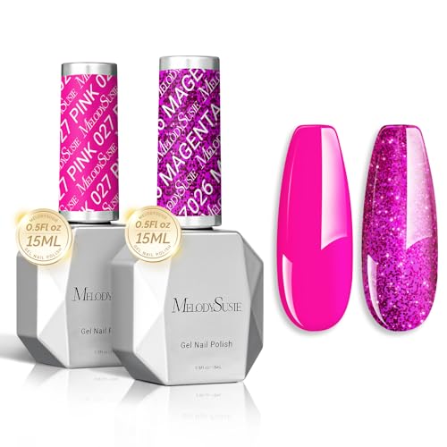 Image of MelodySusie Thick Gel Nail Polish Set- 2 Pcs 15ML Hot Pink & Hot Pink Glitter Gel Polish Set Soak Off UV LED Christmas Gift for Women Nail Art Manicure Salon DIY Nail Design Decoration at Home