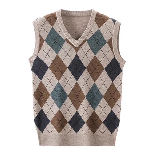 Men's Argyle V-Neck Sweater Vest Diamond Pattern Knit Pullover Sleeveless Solid Casual Tops