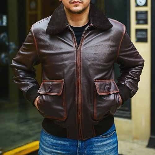Image of Jild Navy G-1 Real Leather Bomber Jacket Men with Removable Fur Collar - Vintage Flight Aviator Leather Jacket Men