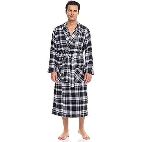 American Heaven Men's Flannel Fleece Hooded Robe | Soft Cotton Shawl Collar Full Length Plaid Robe, Black/Blue Plaid, S-M Cover