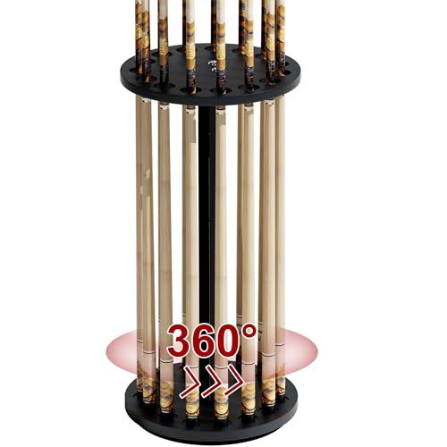 Lnmuzm 360 Degree Rotating Pool Stick Holder, Natural Wood Pool Cue Holder, Floor Stand Pool Cue Rack up to 15 Sticks, Billiard Cue Rack for Billiard Room, Billiard Gifts for Menï¼ˆBlackï¼‰