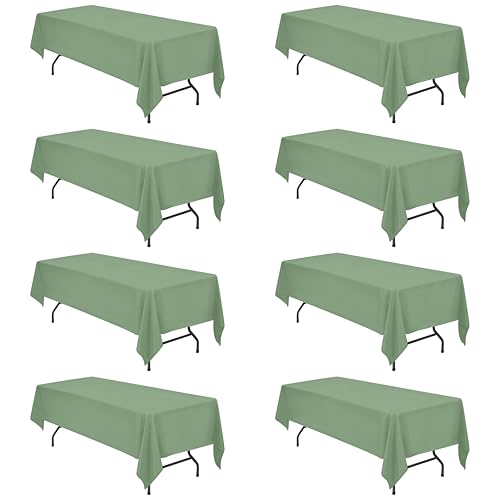 Image of BRILLMAX 8 Pack Sage Green Tablecloths 60x126 Inch for 8ft Rectangle Tables | 150 GSM Polyester Fabric, 15 inch Standard Drop, Water, Stain & Wrinkle Resistant Cloth Cover for Wedding Reception Banquet Party