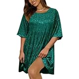 PNZLZIA Sequin Baby Doll Dress,Womens Sparkly Glitter Dress,Sequined Round Neck Loose Waist Short Sleeve Dress (Green,Medium)