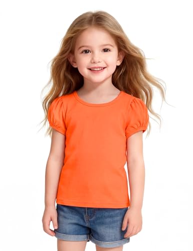 WRYGRTA Girls Short Sleeve Shirts Cotton Toddler Girl Tee Tops Basic Crew Neck T-Shirts Orange 6-7 Years