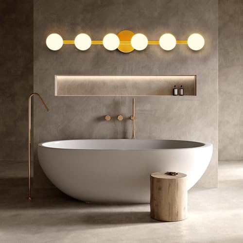 Lightdot 6 Light Bathroom Vanity Light, 38" Modern Gold Vanity Lights with Globe Water/Shatterproof PC Lampshade, Rust-Proof Bathroom Light Fixtures Over Mirror for Kitchen Hallway Cabinet Porch by Lightdot - Used condition - Image 9