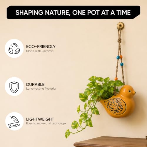 Image of AAKRITI ART CREATIONS Ceramic Hanging Planter | Sunny Songbird Design, Abstract Art, Yellow Matte Finish | Decorative Hanging Pot for Indoor & Outdoor Home Decor