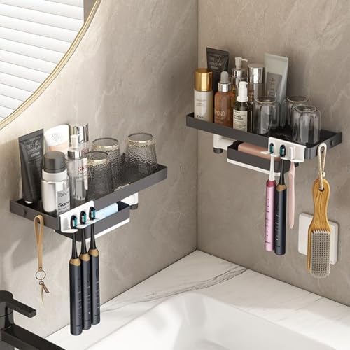 Image of SHALVI Self Adhesive Toothbrush Holder Storage Rack with Soap Dish /Wall Mounted Plastic Shelf Organizer for Bathroom Accessories and Hardware /Shelve with Soap Dish