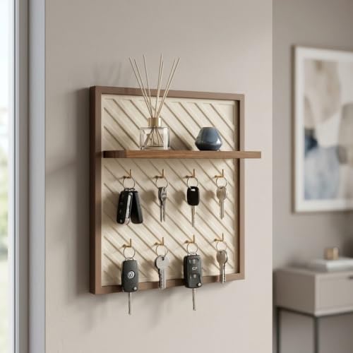 Image of Home Sparkle Wall Mounted Key Holder for Home Entrance with Shelf | Premium MDF Wood Organizer with Paint Finish | Modern Key Hanger Rack with 8 Hooks for Keys & Daily Essentials |Walnut & Ivory White