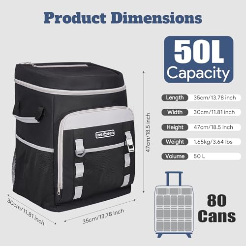 Image of INSMEER Cooler with Wheels and Handle, 80 Cans /50L Rolling Cooler, Portable Soft Sided Cooler with Wheel, 2-in-1 Collapsible Trolley Cart, Large Coolerbag for Grocery Shopping