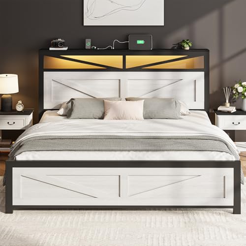 Image of PROZENBDING King Size Bed Frame with Storage and Led Lights, Bed Frame with USB+Type C, Sturdy Metal Slat Bed Platform and Under Bed Storage, No Box Spring Needed, Noise-Free, 150x200cm White