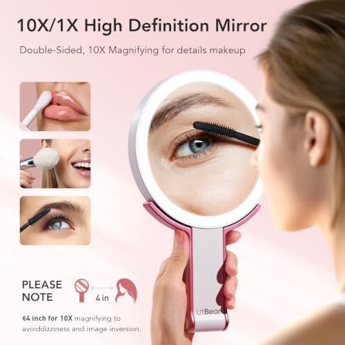 Image of LitBear Travel Makeup Mirror with Lights, Rechargeable Double-Sided 10X /1X Magnifying Mirror, Portable Lighted Beauty Mirror, 3 Color Lighting, Dimmable Touch Screen, Tabletop Handhold Hanging (White)