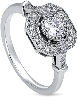 BERRICLE Sterling Silver Vintage Inspired Art Deco Cubic Zirconia CZ Fashion Ring for Women, Rhodium Plated