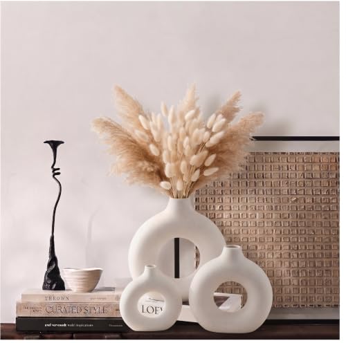 Image of PUREZENTO White Ceramic Donut Vase 4.3, 5.3 & 6.2Inch - Set of 3 | Decorative Donut Vase for Dried Flowers & Pampas Grass | Vases for Modern Home Decor, Living Room, Office Decor