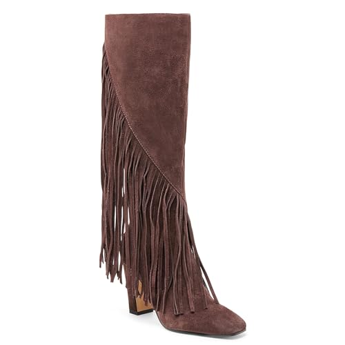 Suede Knee High Boots Women Square Toe Side Zipper Fringe Tall Boots Chunky High Heels Comfort Party Shoes4