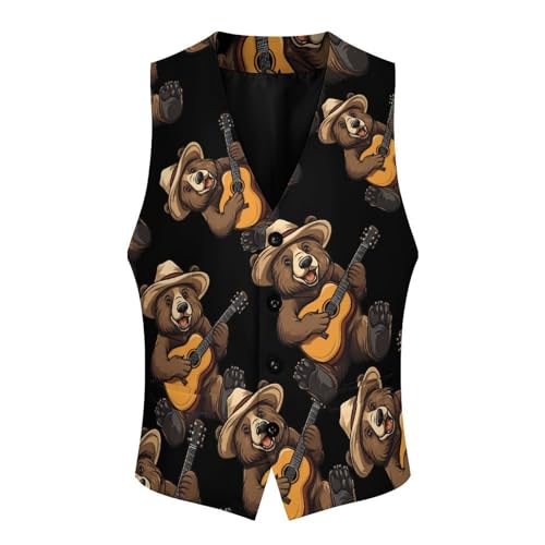 Bear Playing Guitar Men's Suit Vests Business Formal Dress Vest V-Neck Waistcoat for Wedding Casual4