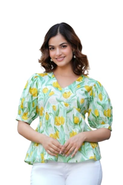 ghumman sonakshi Women's Floral Print Cotton Short Top – V Neck & Half Puff Sleeves-picture-33