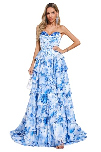 Datangep Blue and White Chiffon Floral Print Tiered Prom Dresses Slit Evening Dress Celebrity Pageant Gowns4