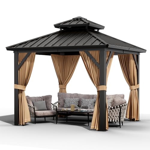 GarveeLife 10x10ft Double Roof Hardtop Gazebo, Heavy Duty Galvanised Steel Hardtop Pavilion with Nettings and Curtains, Metal Roof Gazebo for Patio, Terrace, Lawn and Deck, Brown