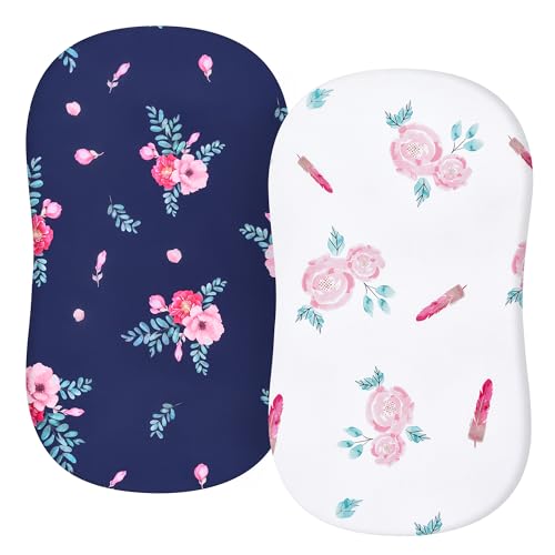Image of TILLYOU Baby Bassinet Sheets for Girls Boys, Fit for Hourglass Oval Rectangle Bassinet Mattress Sheets, 33”X16”, 2 Pack Floral Flowers