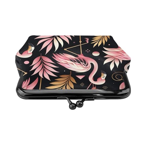 Pu Leather Buckle Coin Purse Black-Leaf-Flamingos Girls Kiss-Lock Change Purse Wallets2
