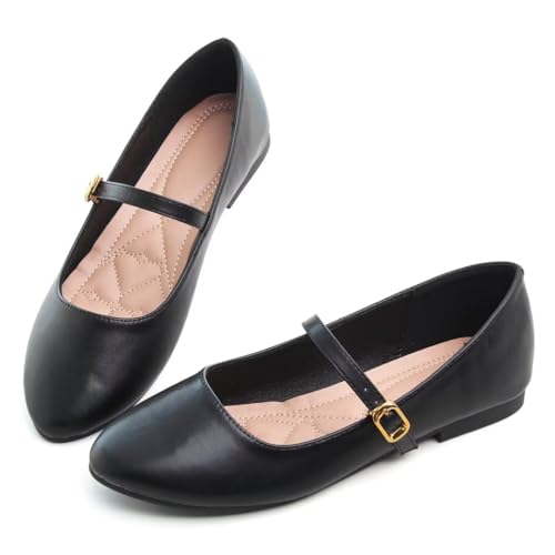 Image of TN TANGNEST Leather Flats for Women Retro Mary Jane Flats | Comfortable Square Toe Slip On Flats with Buckle Strap, Soft Work Flats Office Shoes