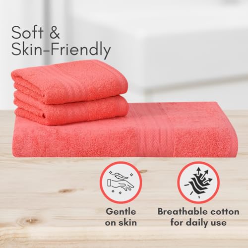 Image of Mafatlal Joy Cotton Towel Set - Soft & Quick Dry | Includes 1 Bath Towel 58 x 29 inch + 2 Hand Towels 24 x 12 inch | 450 GSM | Georgia Peach | Highly Absorbent & Durable