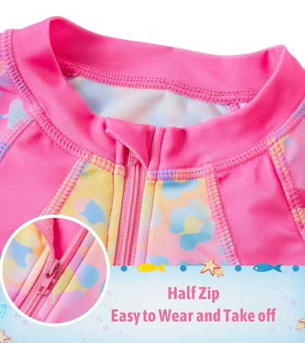 Image of Girls Long Sleeve Rashguard Half Zip Swimsuits UPF 50+ Two Piece Swim Sets with Hairband 5-12Y | Two Piece Swim Sets with Hairband