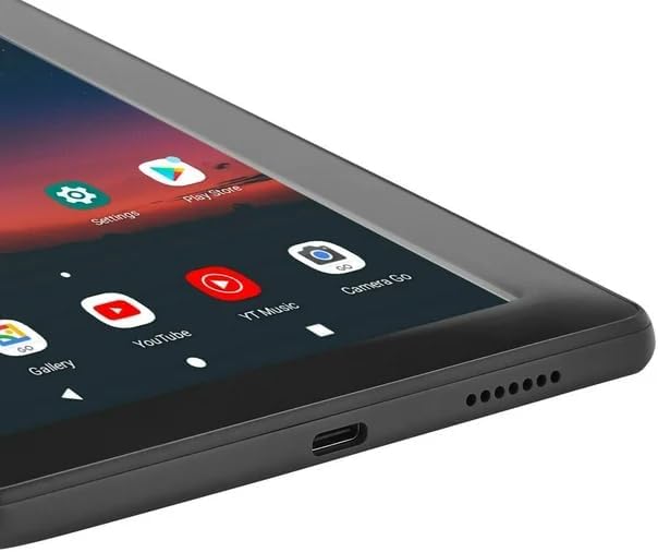 Close-up of the tablet's bottom edge showing the USB-C charging port and speaker grille.