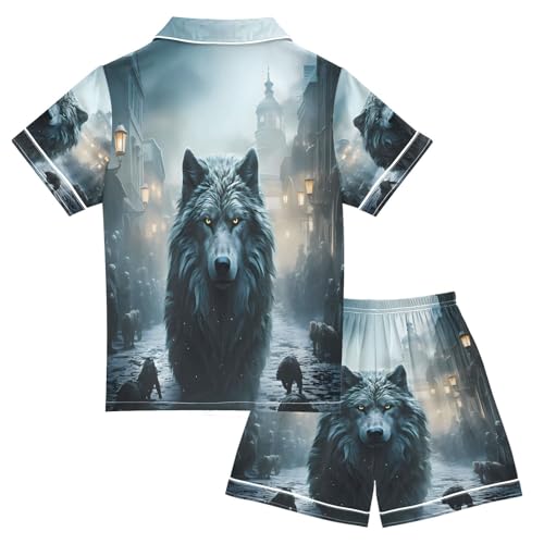 ALAZA Wolf Cityscape Satin Pajamas Set Short Sleeve Button Down Sleepwear Summer Pjs 2 Piece2