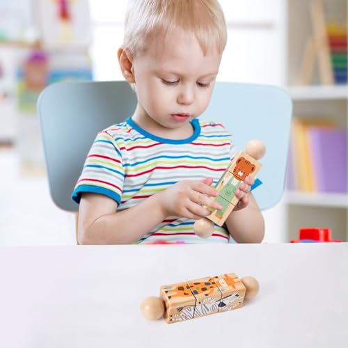 Image of Wooden Animal Puzzle Toy for Toddlers 1-3, Rotating Spin Twist Blocks Set of 2, Learning Educational Montessori Toy Gifts for Kids Boys Girls, Giraffe & Brown Bear