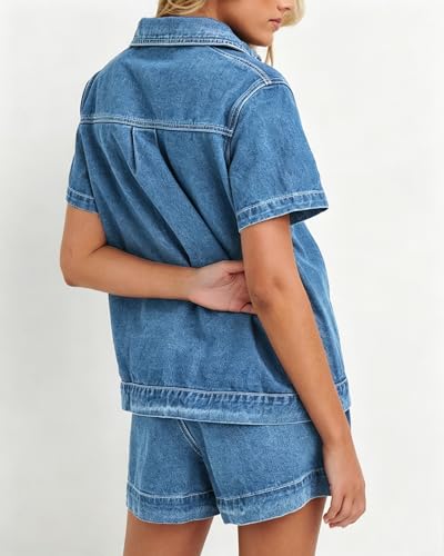 Image of Kedera Summer Denim Set for Women 2 piece Casual Short Sleeve Boxy Shirt Tops and Shorts Pants Lounge Sets Outfits