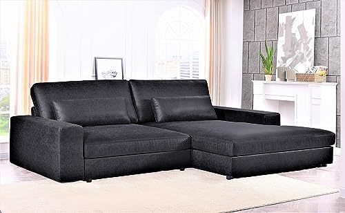 Container Furniture Direct Luxe Modern 2-Piece Chaise Sectional: Solid Wood Frame, Durable Leather Look Fabric, for Lasting Style and Comfort, Black - Right Facing