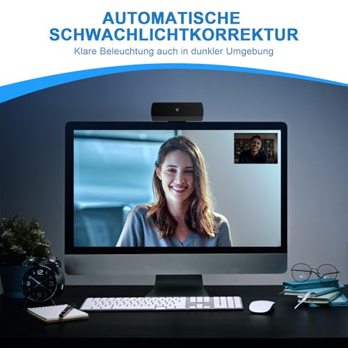 Diccik Webcam, Full HD 1080P Webcam mit Mikrofon, Facecam USB Web Cam, Rauschunterdrückung, Automatische Lichtkorrektur, Plug&Play für Live Streaming, Videoanrufe, Spiel, PC/Mac/Notebook/MacBook - 2