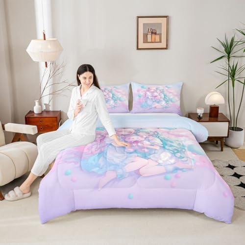Image of Erosebridal Anime Girl Kids Bedding | Girly Friendship Queen Comforter Sets,Fantasy Dreamy Girls Comforter Romance Ballons Duvet Insert with 2 Pillow Cases