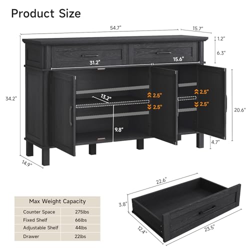 Image of ONBRILL 55 Inch Buffet Cabinet with Storage, Farmhouse Sideboard Buffet w /2 Drawers and 3 Doors, Wood Coffee Bar Cabinet with Adjustable Shelves, Sideboard Storage for Kitchen, Living Room, Black